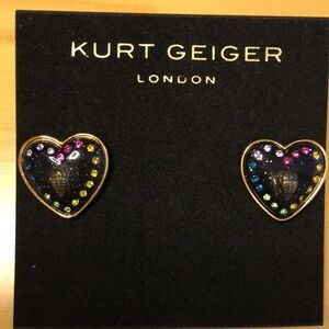 Kurt Geiger Heart Gold Stud Earrings, Black with Rainbow Mini Crystals, EUC